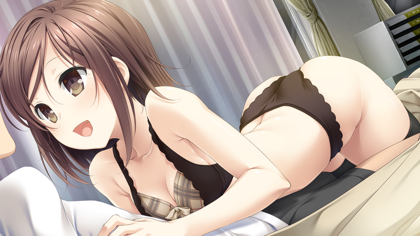 1girl ass bare_shoulders bed black_legwear black_panties blush bra breasts brown_eyes brown_hair cleavage curtains eye_contact game_cg happy highres kissart legs looking_at_another lying mikoto_akemi on_stomach open_mouth panties short_hair small_breasts smile takanashi_madoka takei_ooki thighhighs thighs underwear