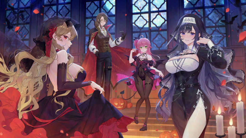 4girls ahoge ascot black_cape black_dress black_gloves black_hair black_pants black_sleeves blonde_hair blue_eyes blue_hair blush breasts brown_pantyhose brown_vest candle cape cleavage commentary demon_tail demon_wings detached_sleeves dress feet_out_of_frame full_body full_moon glasses gloves habit halloween highres indoors jack-o'-lantern large_breasts long_hair looking_at_viewer looking_back moon multiple_girls night night_sky original pants pantyhose pink_hair red_cape red_eyes shirt side_slit skirt_hold sky smile stairs star_(sky) starry_sky symbol-only_commentary tail two-sided_cape two-sided_fabric veil vest wavy_hair wenz white_ascot white_pantyhose white_shirt window wings