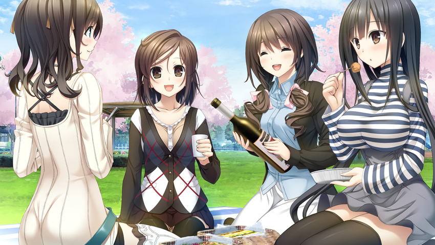 4girls aikawa_arisa_(kissart) black_eyes black_hair black_legwear blue_eyes blush bottle breasts cup drink eyes_closed food game_cg grass happy highres hitsuji_takako huge_breasts kissart legs long_hair medium_breasts mikoto_akemi multiple_girls natsume_azusa open_mouth picnic short_hair sitting skirt smile takanashi_madoka takei_ooki thighs tree trees twintails