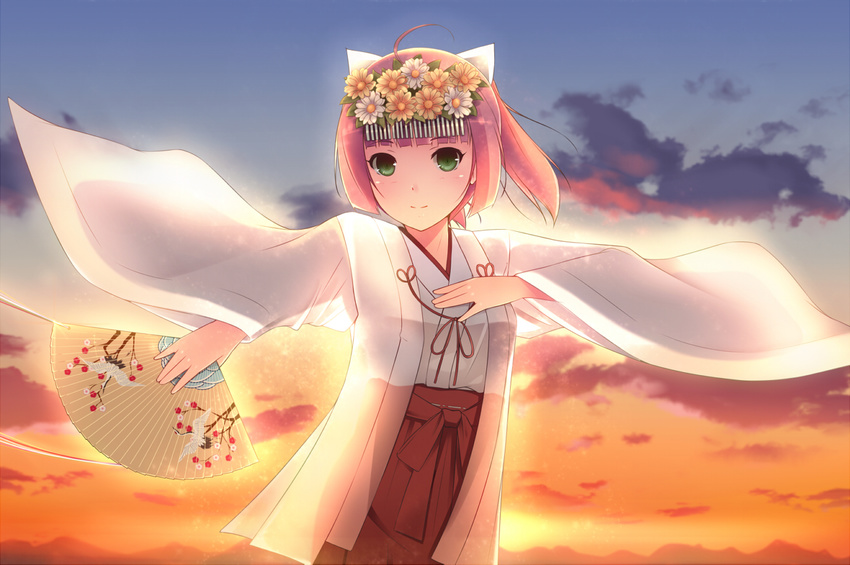 clouds fan flowers green_eyes japanese_clothes miko orange_hair short_hair shuuichi sky sunset umi_monogatari urin_(umi_monogatari)