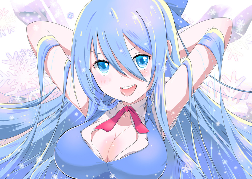 arms_up bad_id bad_pixiv_id blue_eyes blue_hair blush bow breasts cirno cleavage duplicate hair_bow large_breasts long_hair looking_at_viewer older open_mouth smile solo tongue tongue_out touhou upper_body yamada_ranga