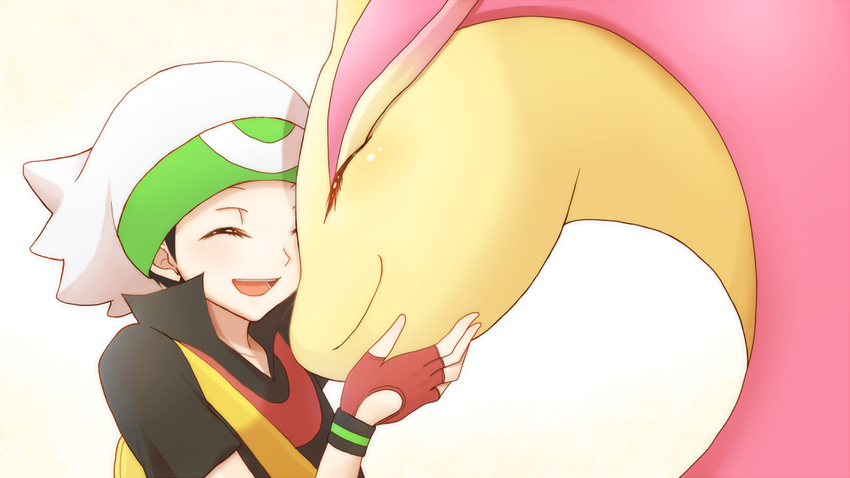 closed_eyes commentary_request corundamu fingerless_gloves gen_3_pokemon gloves hat milotic pokemon pokemon_(creature) pokemon_special ruby_(pokemon) smile