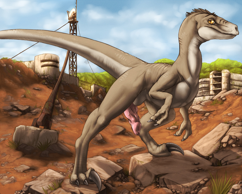 antennae big_penis bunker claws cloud detailed_background dinosaur erection fence feral grass lizardlars looking_at_viewer male nude outside penis pink_penis raptor rock satellite_dish scalie solo teeth theropod tower tree vein yellow_eyes