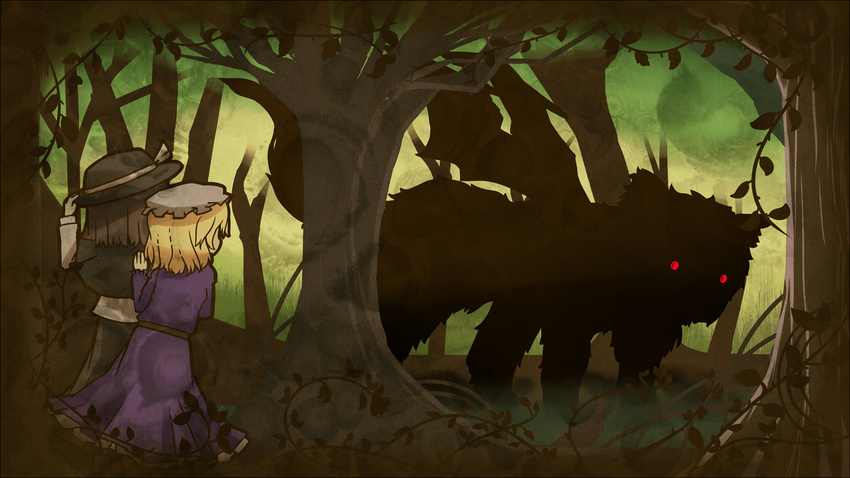 akihiyo blonde_hair bow brown_hair chimera forest hat hiding highres maribel_hearn multiple_girls nature red_eyes short_hair silhouette touhou tree trojan_green_asteroid usami_renko wings