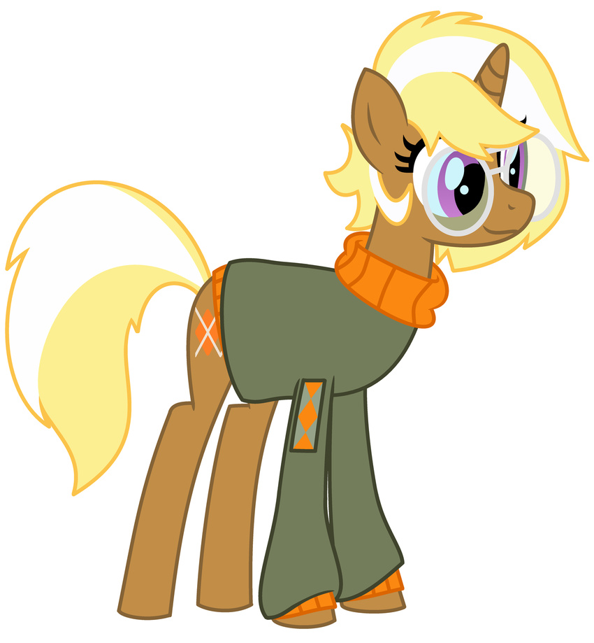 blonde_hair bottomless brown_fur clothing crossgender cutie_mark equine evilfrenzy eyewear female feral friendship_is_magic fur glasses hair horn horse mammal my_little_pony pony purple_eyes shirt solo trenderhoof_(mlp) unicorn