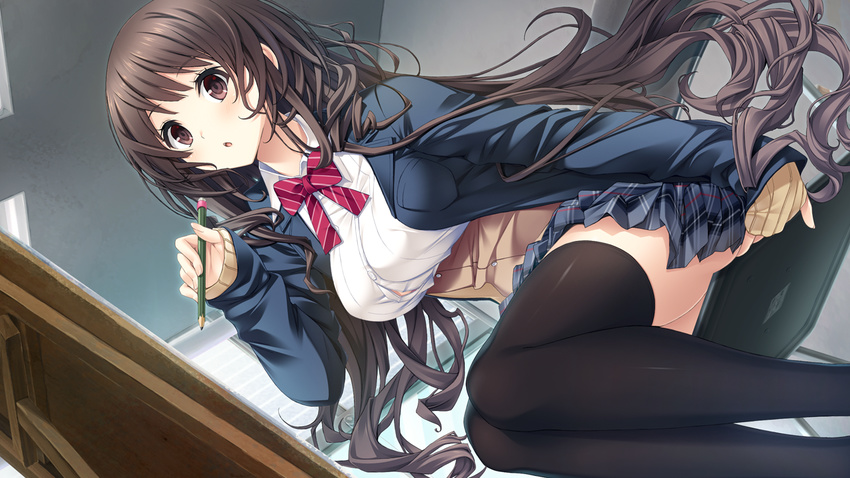 bow brown_eyes brown_hair game_cg giga kiss_ato long_hair seifuku takanashi_madoka thighhighs