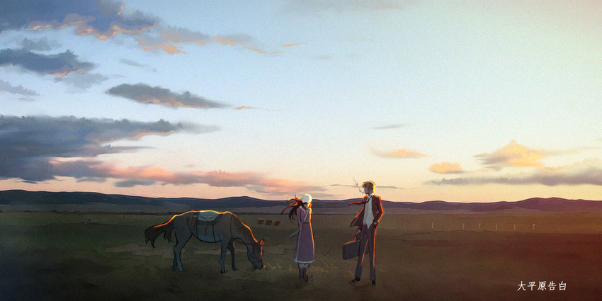 1girl arms_behind_back bad_id bad_pixiv_id boots briefcase cigarette cloud confession fence field grazing_(livestock) hand_in_pocket hat highres horse ladic lighting long_hair looking_at_another looking_down mountain necktie original pants saddle sky smoke smoking sunset title translated