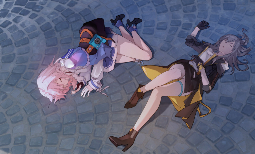 2girls absurdres artist_name black_boots black_coat black_gloves black_overskirt black_skirt blue_boots blue_jacket blue_skirt boots camera chinese_commentary closed_eyes coat commentary_request full_body gloves gradient_clothes gradient_jacket grey_hair high_heel_boots high_heels highres honkai:_star_rail honkai_(series) jacket long_sleeves lying march_7th_(honkai:_star_rail) march_7th_(preservation)_(honkai:_star_rail) medium_hair miniskirt multicolored_boots multiple_girls off-shoulder_jacket off_shoulder on_back on_side open_clothes open_coat open_mouth overskirt pink_hair pink_jacket pleated_skirt rsleee shirt skirt stelle_(honkai:_star_rail) thigh_strap trailblazer_(honkai:_star_rail) two-sided_coat two-sided_fabric two-tone_boots unconscious white_shirt yellow_coat