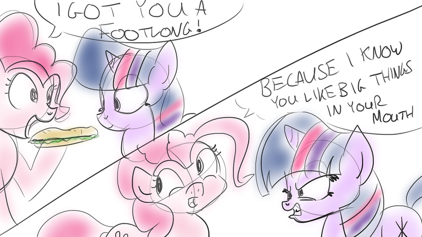 angry dialog english_text equine female feral food friendship_is_magic fur hair horn horse jakejoke mammal my_little_pony pink_fur pink_hair pinkie_pie_(mlp) plain_background pony purple_fur purple_hair sandwich sandwich_(food) solo text twilight_sparkle_(mlp) unicorn white_background