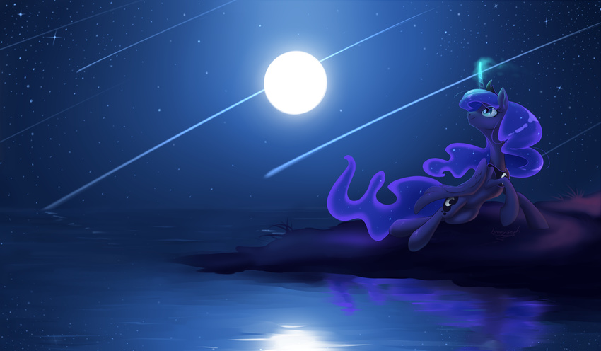 blue_fur blue_hair bronyseph cool_colors cutie_mark equine friendship_is_magic fur hair horn horse mammal moon my_little_pony night pony princess_luna_(mlp) shooting_stars stars water winged_unicorn wings