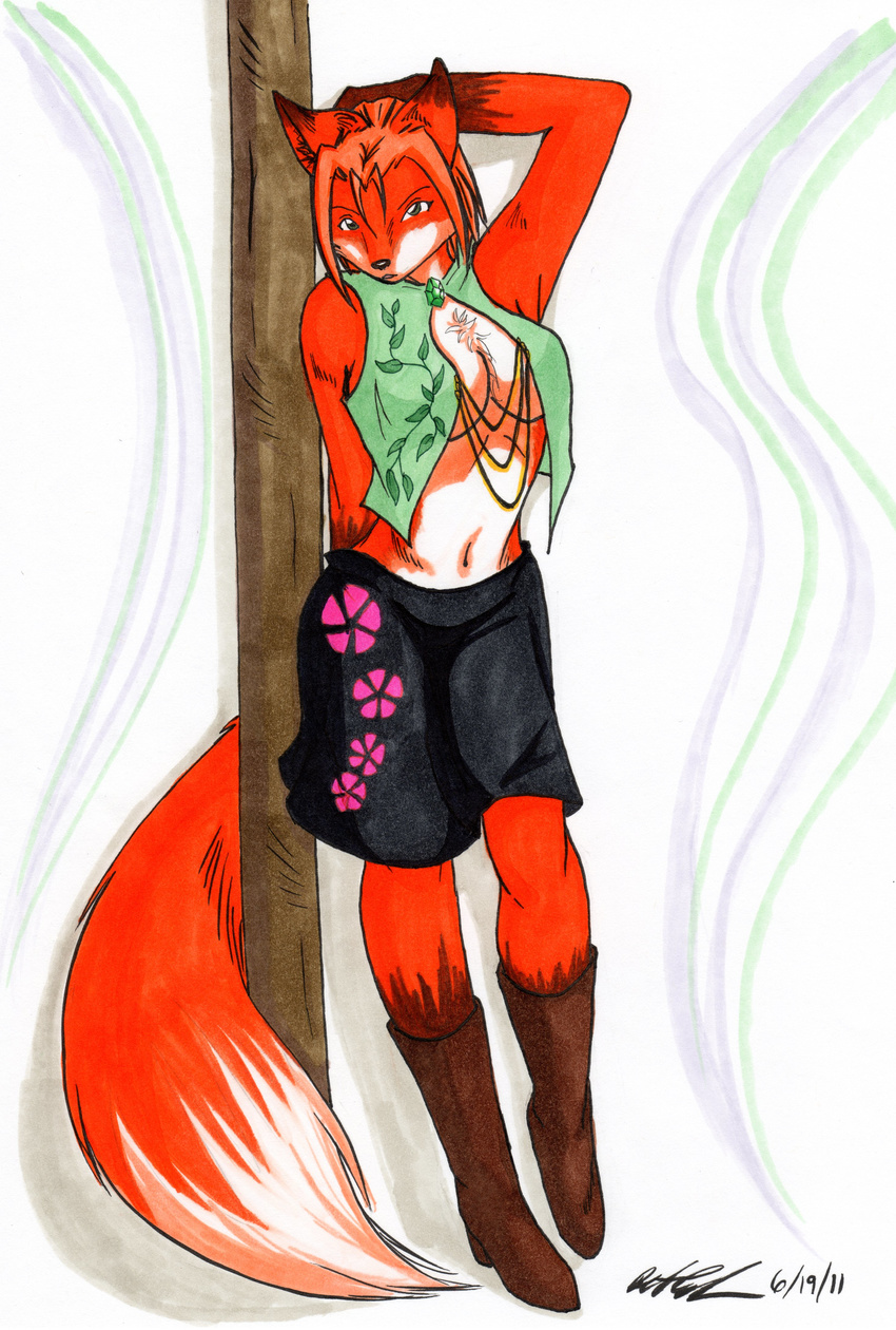 anthro boots breasts canine chain clothed clothing female flower fox fur furries hair invalid_tag koshkio leaves looking_at_viewer mammal navel pole post short_hair skirt solo standing suni