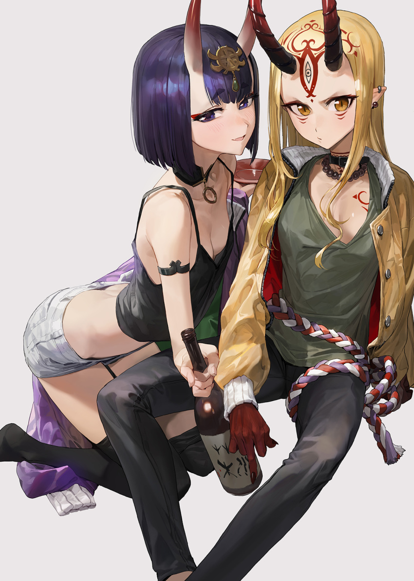 alternate_costume armlet bangs bare_shoulders black_camisole black_legwear black_pants blonde_hair blush bob_cut bottle breasts buttons choker closed_mouth collarbone contemporary cup detached_collar downpants earrings eyeliner facial_mark fate/grand_order fate_(series) green_shirt grey_shorts headpiece highres hips horns ibaraki_douji_(fate/grand_order) jacket jewelry kneeling long_hair looking_at_viewer makeup midriff mossi multiple_girls necklace oni oni_horns open_clothes open_jacket pants purple_eyes purple_hair purple_jacket rope sakazuki sake_bottle shirt short_hair shorts shuten_douji_(fate/grand_order) small_breasts smile tattoo thighhighs thighs yellow_eyes yellow_jacket