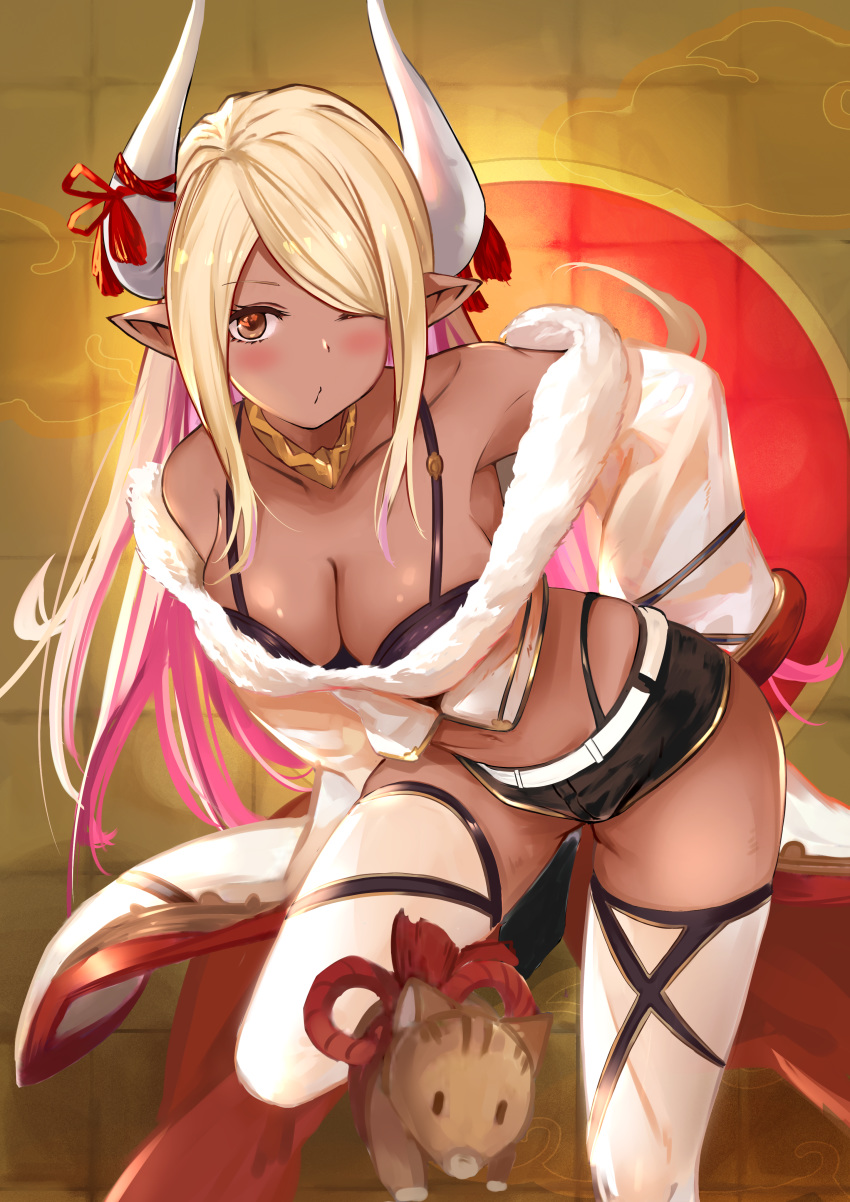 1girl absurdres bangs bare_shoulders belt black_bra black_shorts blonde_hair blush boar bra breasts brown_eyes cleavage collarbone dark_skin draph fur_trim gradient_hair granblue_fantasy highres horn_ribbon horns huge_filesize jacket jewelry kuvira_(granblue_fantasy) leaning_forward long_hair looking_at_viewer medium_breasts multicolored_hair navel off_shoulder one_eye_closed pink_hair pointy_ears ramuda_(guilty931) red_ribbon ribbon short_shorts shorts sidelocks solo standing standing_on_one_leg underwear white_belt white_jacket white_legwear