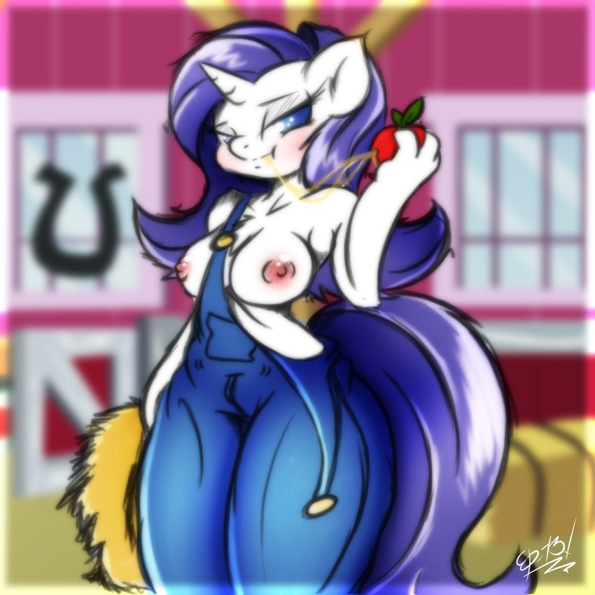 anthro anthrofied apple blue_eyes blush breasts clothing ep777 equine female friendship_is_magic fruit fur hair horn horse looking_at_viewer mammal my_little_pony overalls pony purple_hair rarity_(mlp) smile solo unicorn white_fur