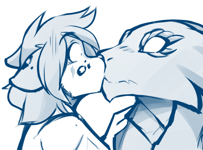 2018 ambiguous_gender anthro blush canine duo ears_back embarrassed feline female female/ambiguous fur guardian_(twokinds) hybrid kathrin_(twokinds) keidran kissing male mammal monochrome reptile scalie shocked simple_background sketch spots spotted_fur surprise tom_fischbach twokinds webcomic white_background
