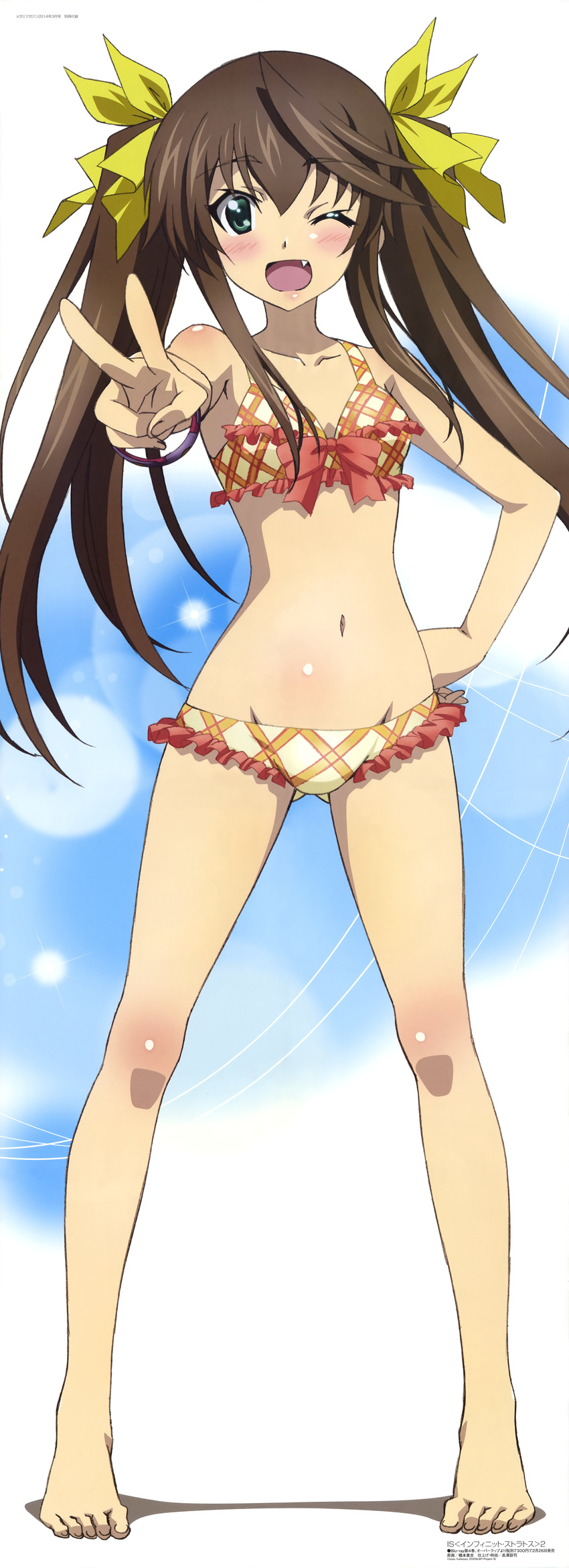 ;d absurdres ass_visible_through_thighs bangle bangs barefoot bikini blush body_blush bow bracelet breasts brown_hair fang feet foreshortening frilled_bikini frills full_body green_eyes groin hair_ribbon hand_on_hip hashimoto_takayoshi highres huang_lingyin incredibly_absurdres infinite_stratos infinite_stratos_2 jewelry legs light_particles long_hair long_image looking_at_viewer lowleg lowleg_bikini megami navel official_art one_eye_closed open_mouth outstretched_arm plaid plaid_bikini ribbon scan shadow sidelocks slender_waist small_breasts smile solo standing swimsuit tall_image twintails v very_long_hair
