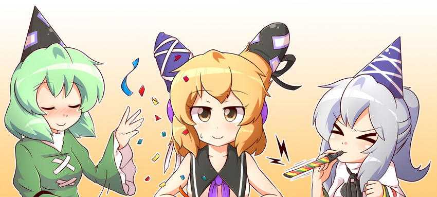 &gt;_&lt; blonde_hair blush clenched_hand closed_eyes collarbone commentary confetti dress earmuffs english_commentary green_hair hand_up hat headwear_switch highres looking_at_viewer mononobe_no_futo multiple_girls orange_background party_hat party_horn pom_pom_(clothes) ponytail ribbon shirt silver_hair simple_background sleeveless sleeveless_shirt smile soga_no_tojiko sweatdrop tate_eboshi touhou toyosatomimi_no_miko upper_body wool_(miwol) yellow_eyes