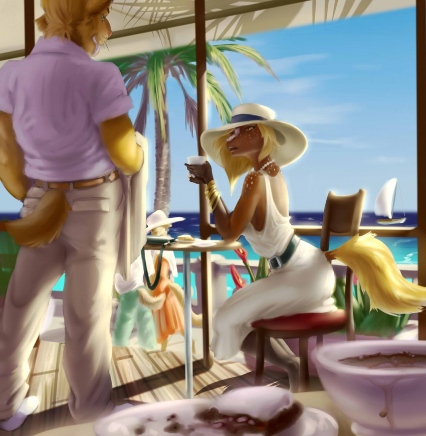 beach blue_sky boat chip clothing day detailed detailed_background equine feline female glass hat horse male mammal mickey_the_retriever resort sabertooth sea seaside sitting sky smile standing strawmerry summer water