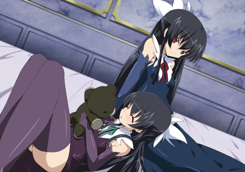 bad_id bad_pixiv_id bare_shoulders bed black_hair closed_eyes detached_sleeves disconnected_mouth dress dutch_angle gold_trim hair_ornament indoors karin_von_gielen light_smile long_hair looking_at_viewer lying_on_lap multiple_girls red_eyes ribbon seshiru_von_gielen shikaten siblings straight_hair stuffed_animal stuffed_toy teddy_bear thighhighs uchuu_kaizoku_sara very_long_hair