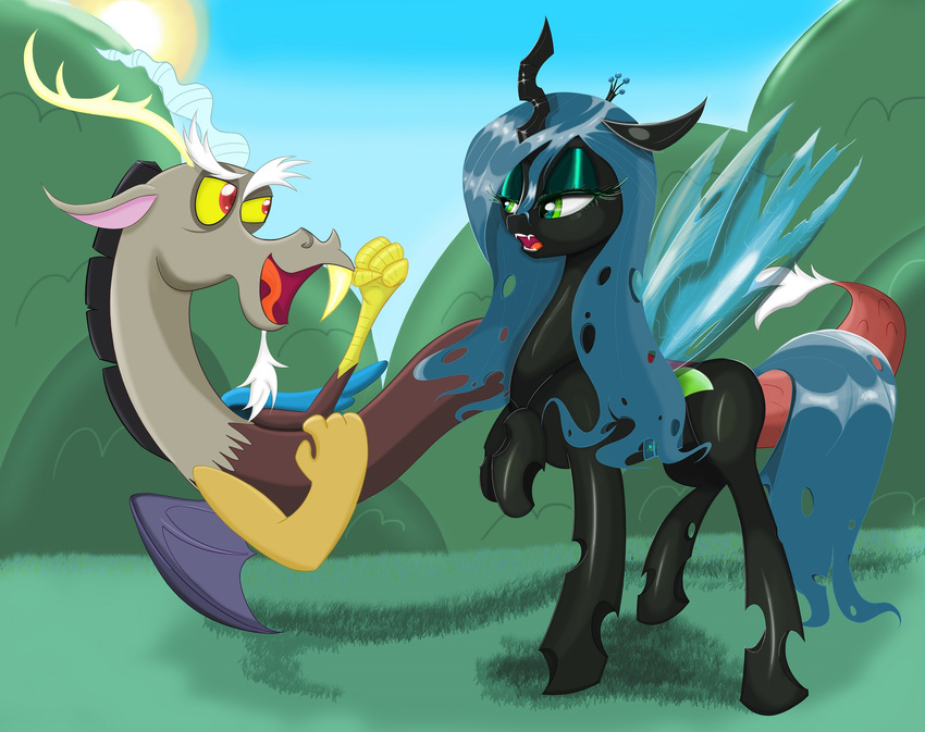 changeling discord_(mlp) draconequus duo equine facial_hair falco9998 fangs female friendship_is_magic fur hair horn horse male mammal my_little_pony open_mouth outside pony queen_chrysalis_(mlp) royalty winged_unicorn wings