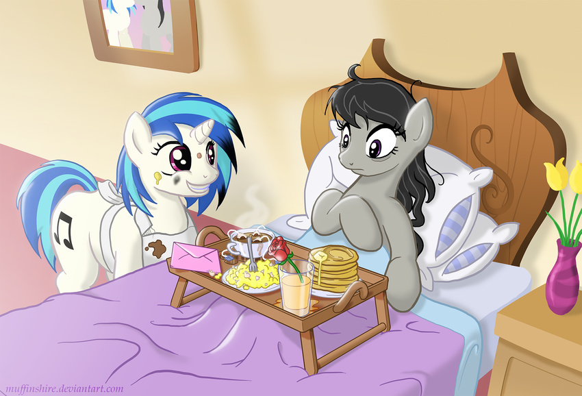 apron bed bed_head black_hair blue_hair breakfast_in_bed burnt_hair butter cup cutie_mark drink duo equine female feral flower food fork friendship_is_magic fur grey_fur hair horn horse hot_chocolate inside letter lying mammal marshmallows messy_hair muffinshire my_little_pony octavia_(mlp) orange_juice pancake pillow pony purple_eyes rose scrambled_eggs smile syrup tray two_tone_hair unicorn vase vinyl_scratch_(mlp)