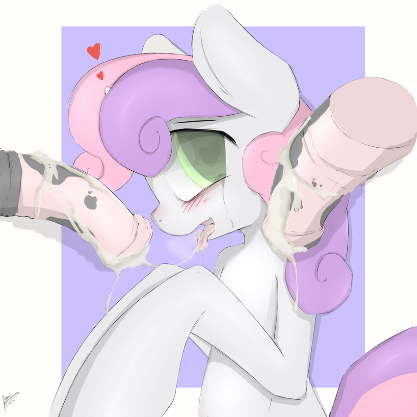 absurd_res animal_genitalia blush cum cum_on_tongue disembodied_penis equine feral friendship_is_magic fur green_eyes hair hi_res horse horsecock majikplant420 male mammal my_little_pony open_mouth penis pony sweetie_belle_(mlp) tongue two_tone_hair white_fur