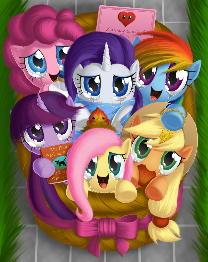 apple applejack_(mlp) avian basket bird blonde_hair blue_eyes blue_fur book bow bracelet card cowboy_hat crying cupcake cute english_text engrishman equine female feral fluttershy_(mlp) food friendship_is_magic fruit fur green_eyes group hair happy hat horn horse jewelry looking_at_viewer mammal multi-colored_hair my_little_pony open_mouth orange_fur pink_fur pink_hair pinkie_pie_(mlp) plate pony purple_eyes purple_fur purple_hair rainbow_dash_(mlp) rainbow_hair rarity_(mlp) scarf snow text twilight_sparkle_(mlp) two_tone_hair unicorn white_fur yellow_fur young