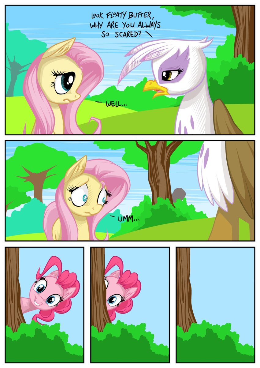 avian blue_eyes brown_eyes comic dialog english_text equine female feral fluttershy_(mlp) friendship_is_magic gilda_(mlp) group gryphon hair horse long_hair mammal my_little_pony mysticalpha outside pink_hair pinkie_pie_(mlp) pony scared stalking text tree wings