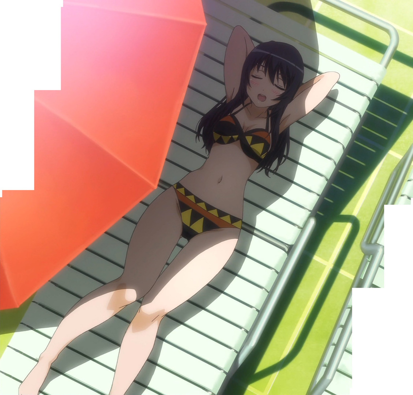 :d armpits arms_behind_head arms_up bangs barefoot beach_umbrella bikini black_hair blush breasts checkered checkered_bikini cleavage closed_eyes dutch_angle from_above fujimi_suzu full_body highres long_hair lying navel nitroplus on_back open_mouth outdoors print_bikini screencap shade slender_waist smile solo soniani stitched swimsuit thigh_gap third-party_edit tile_floor tiles umbrella wide_hips