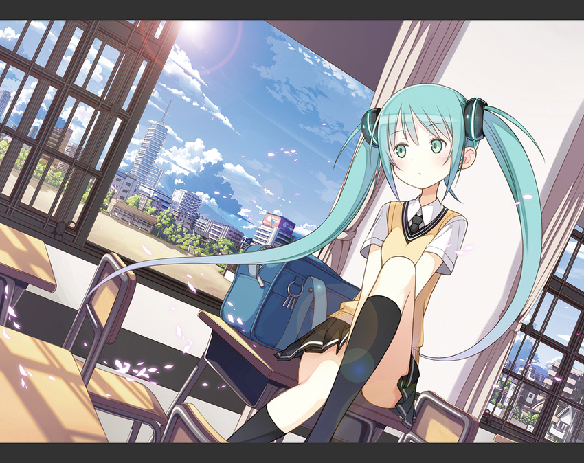 aqua_eyes aqua_hair city clouds hatsune_miku kneehighs long_hair petals seifuku sky twintails vocaloid yuguru