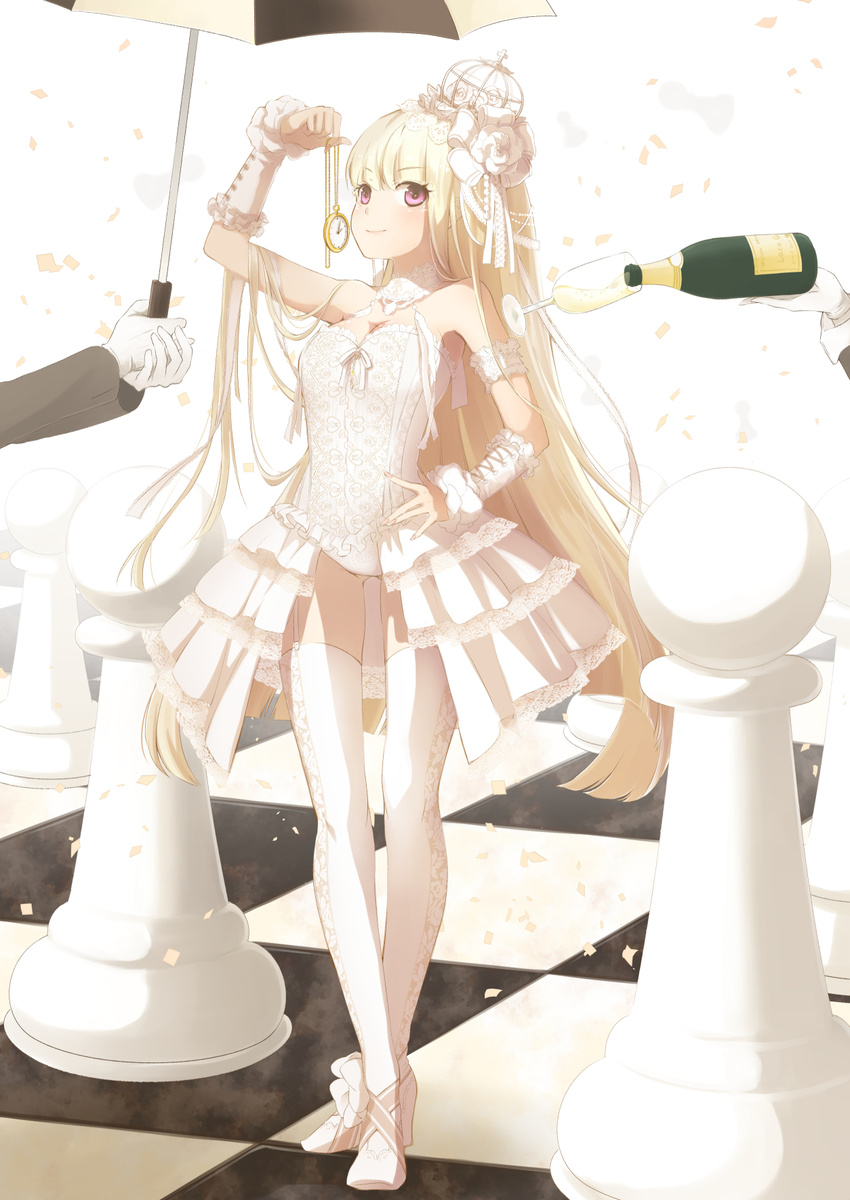 ahira_yuzu blonde_hair breasts brown_eyes checkered checkered_floor chess_piece chessboard cleavage detached_sleeves full_body garter_straps gloves hair_ornament hand_on_hip highres holding holding_umbrella leotard long_hair medium_breasts original pawn solo standing thighhighs umbrella white_gloves white_legwear white_leotard