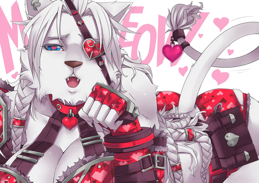 &lt;3 anthro big_breasts blue_eyes breasts cleavage clothed clothing collar crossgender ear_piercing exaxuxer eye_patch eyewear fangs feline female fur hair kuma_x league_of_legends lion long_hair looking_at_viewer lying mammal open_mouth piercing plain_background rengar skimpy solo teeth tongue white_lion
