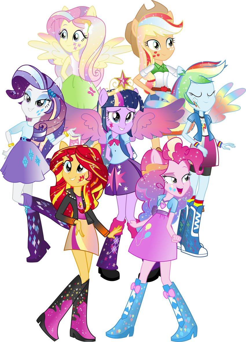 applejack_(eg) blonde_hair blue_eyes boots breasts clothed clothing cowboy_hat crown cutie_mark equestria_girls equine eyes_closed female fluttershy_(eg) freckles green_eyes group hair hat human jacket mammal multi-colored_hair my_little_pony open_mouth pegasus pink_hair pinkie_pie_(eg) purple_eyes purple_hair rainbow_dash_(eg) rainbow_rocks rarity_(eg) shorts smile sunset_shimmer_(eg) theshadowstone twilight_sparkle_(eg) two_tone_hair wings