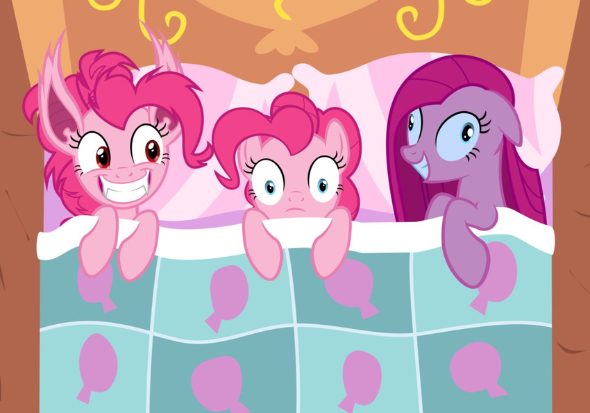 bat bat_pony bed blue_eyes equine female feral friendship_is_magic fur grin group hair horse invalid_color magister39 mammal my_little_pony pink_hair pinkamena_(mlp) pinkie_pie_(mlp) pony red_eyes shocked