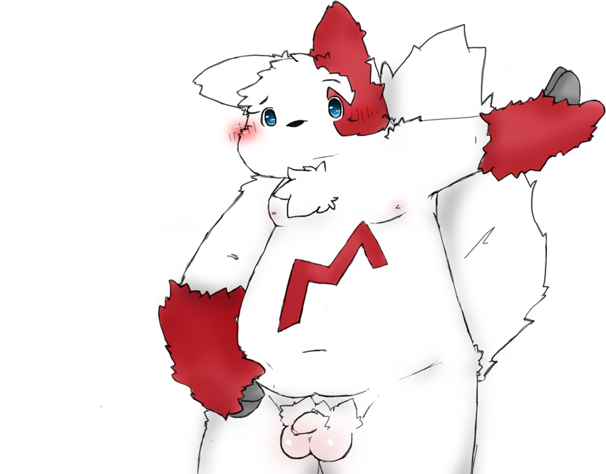 balls blue_eyes blush chest_tuft chubby erni17 flaccid fur male moobs navel nintendo nipples penis plain_background pok&#233;mon pok&eacute;mon simple_background solo tuft video_games white_background white_fur zangoose