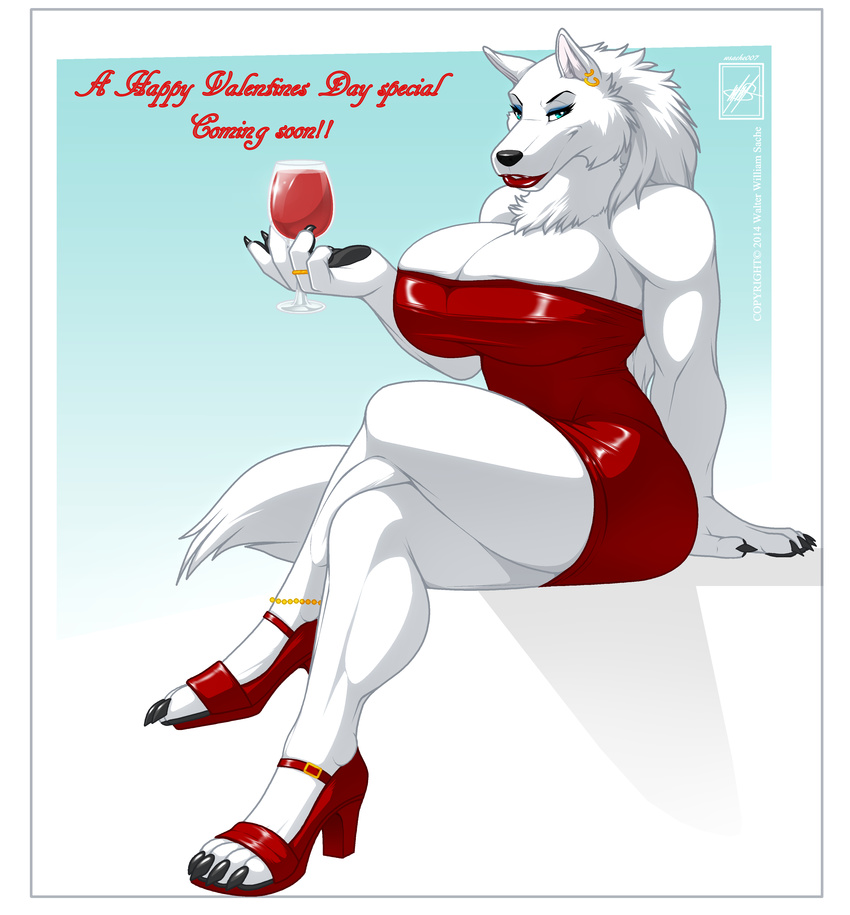 5_fingers absurd_res anklet anthro big_breasts black_nose blue_eyes breasts canine claws crossed_legs dress ear_piercing female fur hair hi_res high_heels jewelry lipstick looking_at_viewer mammal piercing ring shoes sitting smile solo walter_sache white_fur white_hair wolf