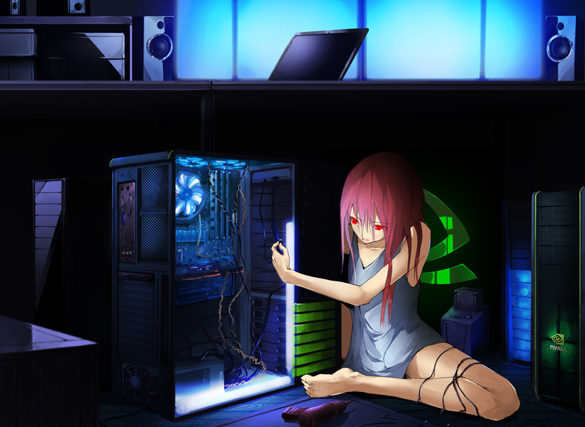 bad_id bad_pixiv_id barefoot computer drill fan highres long_hair motherboard nvidia original power_supply red_eyes red_hair solo solru speaker wire