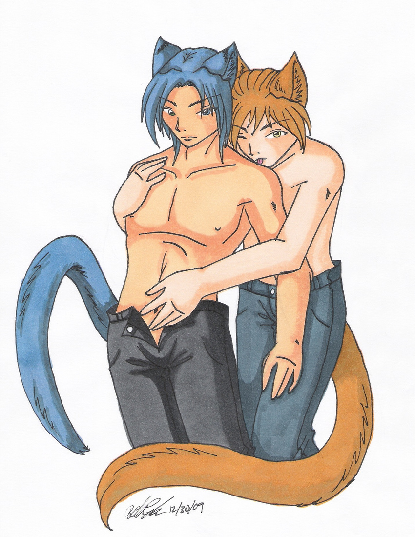 bare_chest blue_fur blue_hair brown_fur brown_hair cat chest clothed clothing couple cuddling duo feline fur furries gay hair holding hug human invalid_tag jeans koshkio licking looking_at_viewer love lovers male mammal more_human navel no_shirt pants short_hair stomach tongue tongue_out topless unbuttoned yellow_eyes