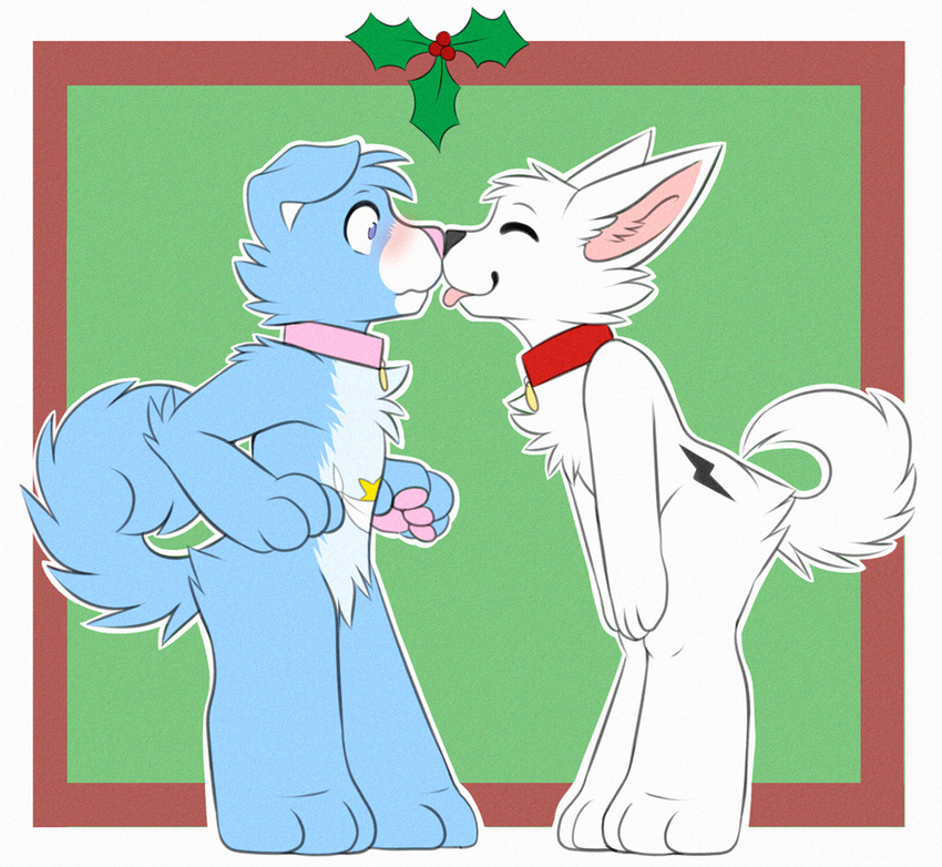 &lt;3 anthro anthrofied blush bolt bolt_(film) canine chest_tuft chibi christmas collar cute digital_art disney dog fur gay german_shepherd holidays innocent kissing licking love male mammal mistletoe plain_background romantic slushie-nyappy-paws smile tongue tuft valentine's_day white_fur