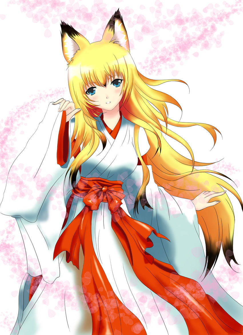 absurdres animal_ears blonde_hair blue_eyes bow fox_ears head_tilt highres japanese_clothes long_hair miko smile solo star2050 tenko_kuugen wagaya_no_oinari-sama wide_sleeves