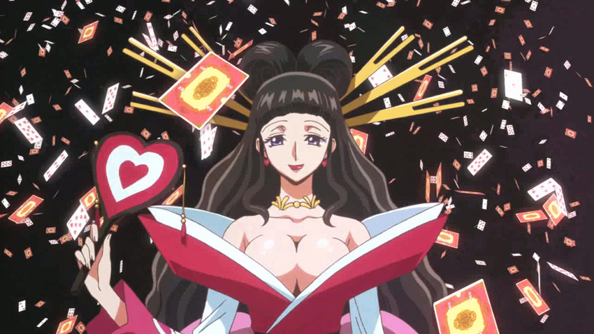 animated animated_gif black_background black_hair bouncing_breasts breasts card cleavage code_geass earrings hair_ornament heart huge_filesize jewelry large_breasts long_hair marianne_vi_britannia necklace no_bra open_clothes purple_eyes shiny shiny_skin smile solo wavy_hair