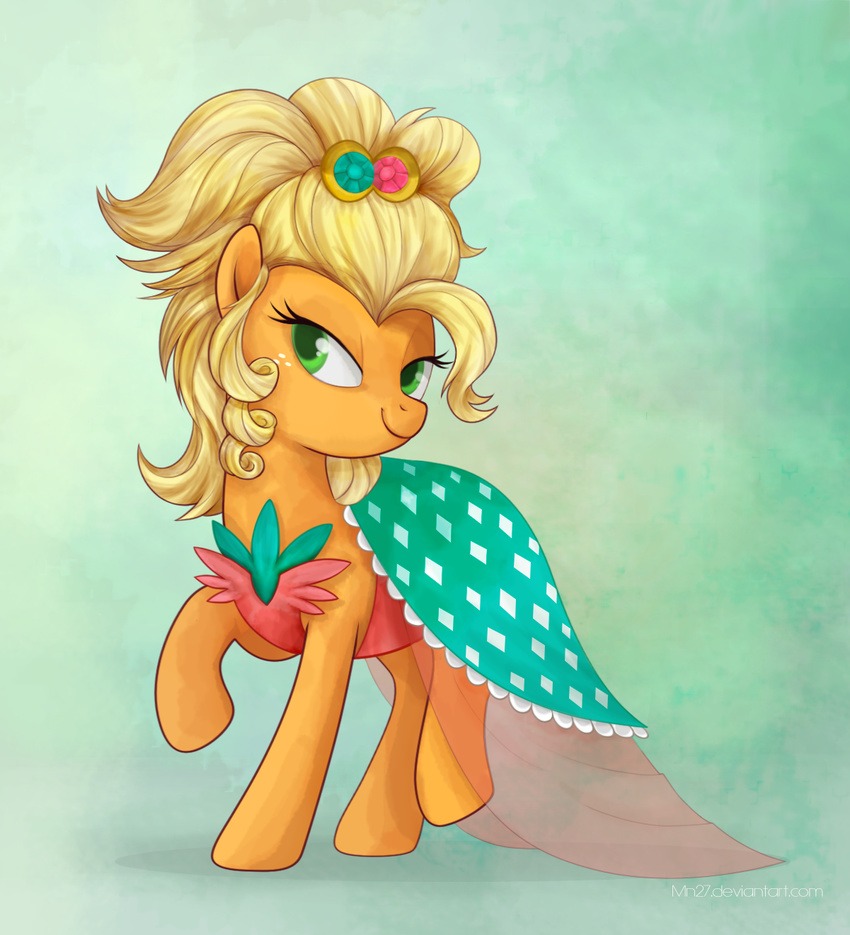 alternate_hairstyle applejack_(mlp) blonde_hair clothed clothing equine female freckles friendship_is_magic fur green_eyes hair horse mammal mn27 my_little_pony orange_fur pony solo