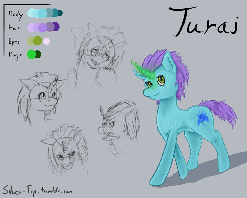 &lt;3 aura blue_fur cutie_mark ecstasy equine female fur grin hair horn horse mammal model_sheet my_little_pony naughty_face original_character poison_joke pony pose purple_hair short_tail side_view silver-tip silver-tip_(artist) simple_background smile solo spikey_hair turai unicorn wide_hips