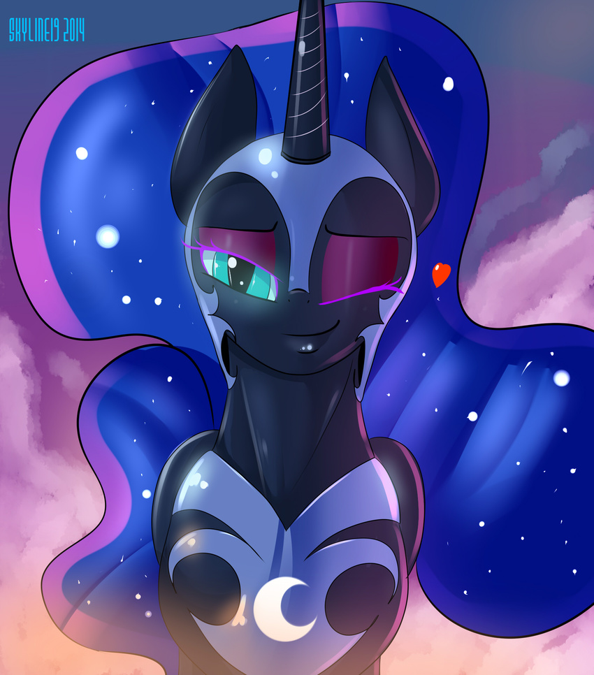 &lt;3 armor blue_eyes blue_hair cat_eyes cloud equine eyeshadow female feral friendship_is_magic hair helmet horn horse looking_at_viewer makeup mammal moon my_little_pony nightmare_moon_(mlp) one_eye_closed outside pony sky skyline19 slit_pupils solo sparkles sunset winged_unicorn wings wink