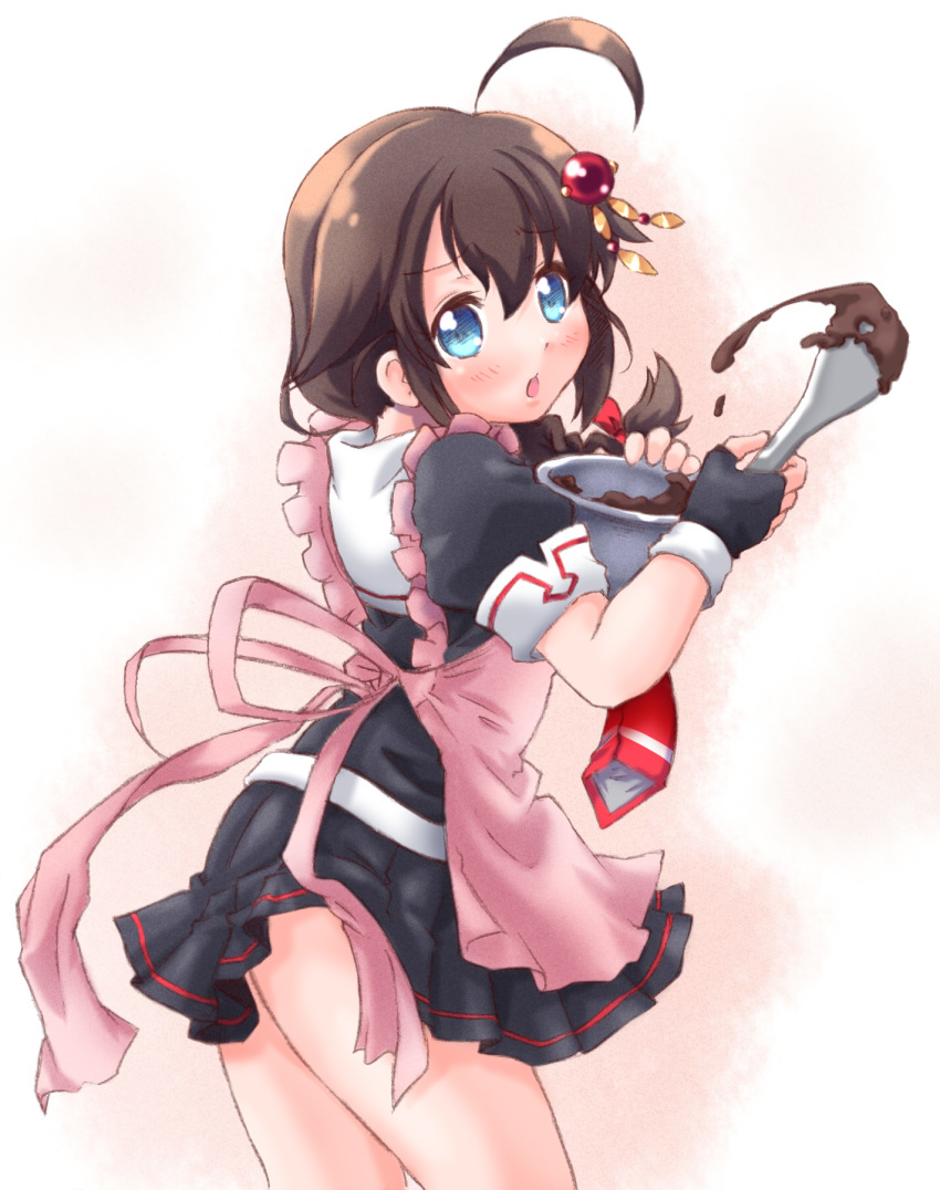 :o ahoge apron black_gloves black_serafuku black_skirt blue_eyes bowl braid brown_hair chocolate fingerless_gloves gloves hair_flaps hair_ornament hair_ribbon highres kanon_(kurogane_knights) kantai_collection necktie pink_apron pleated_skirt remodel_(kantai_collection) revision ribbon school_uniform serafuku shigure_(kantai_collection) single_braid skirt solo spatula valentine