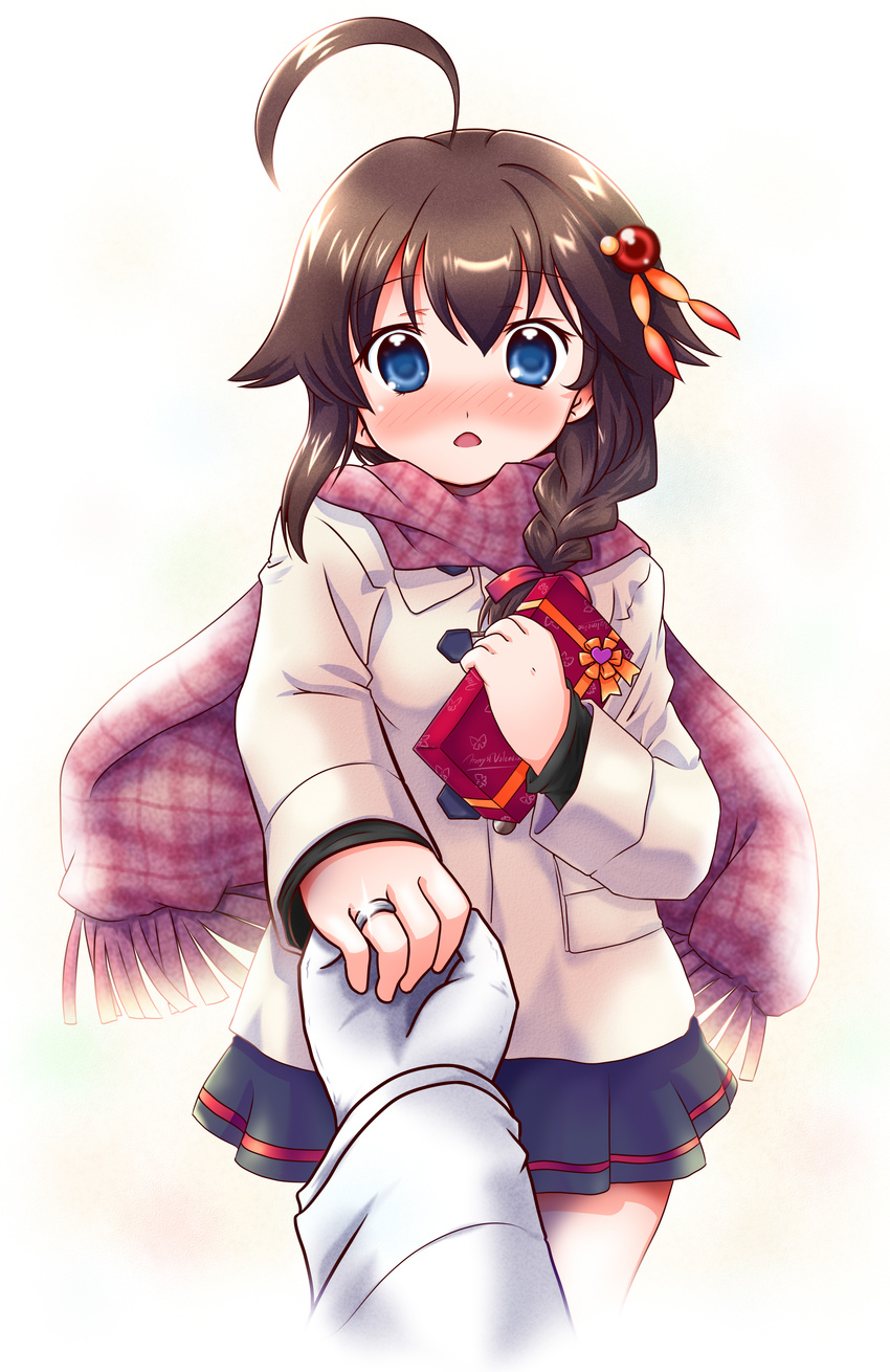 :o absurdres admiral_(kantai_collection) ahoge black_hair black_skirt blue_eyes blush braid buttons chestnut_mouth coat gift glint gloves hair_ornament hairclip hairpin highres jewelry kanon_(kurogane_knights) kantai_collection long_sleeves looking_at_viewer miniskirt nose_blush open_mouth out_of_frame pocket pov pov_hands red_scarf ring scarf shigure_(kantai_collection) single_braid skirt solo_focus standing valentine wedding_band white_gloves
