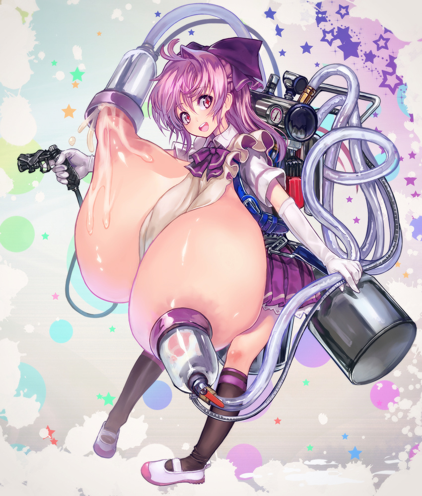 1girl :d blush breasts chikokuma gigantic_breasts highres lactation long_hair looking_at_viewer milking_machine open_mouth original pink_eyes pink_hair smile solo