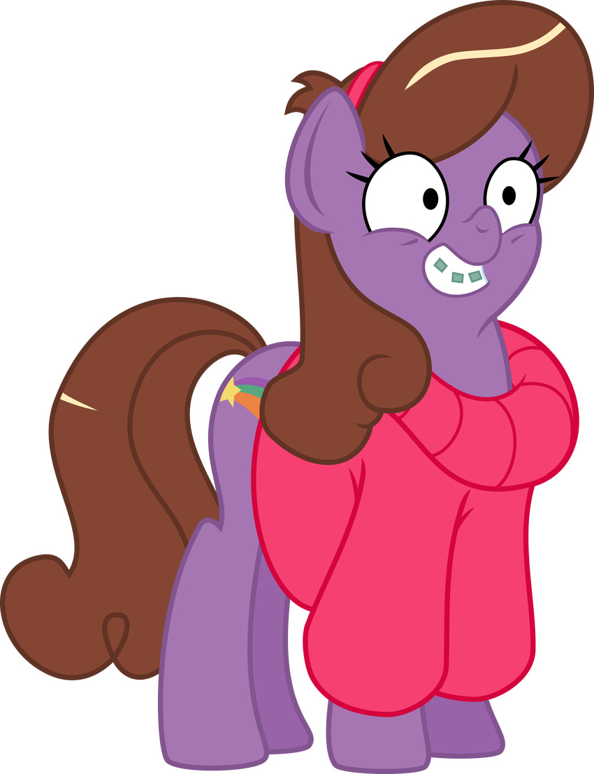 bottomless braces brown_hair clothing cutie_mark equine female friendship_is_magic fur gravity_falls hair hi_res horse jeatz-axl mabel_pines mammal my_little_pony ponification pony purple_fur smile solo sweater vector