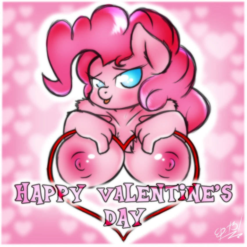&lt;3 anthro anthrofied big_breasts blue_eyes breasts chest_tuft ep777 equine female friendship_is_magic fur hair holidays horse looking_at_viewer mammal my_little_pony nipples pink_fur pink_hair pinkie_pie_(mlp) pony solo tongue tongue_out tuft valentine's_day valentine's_day