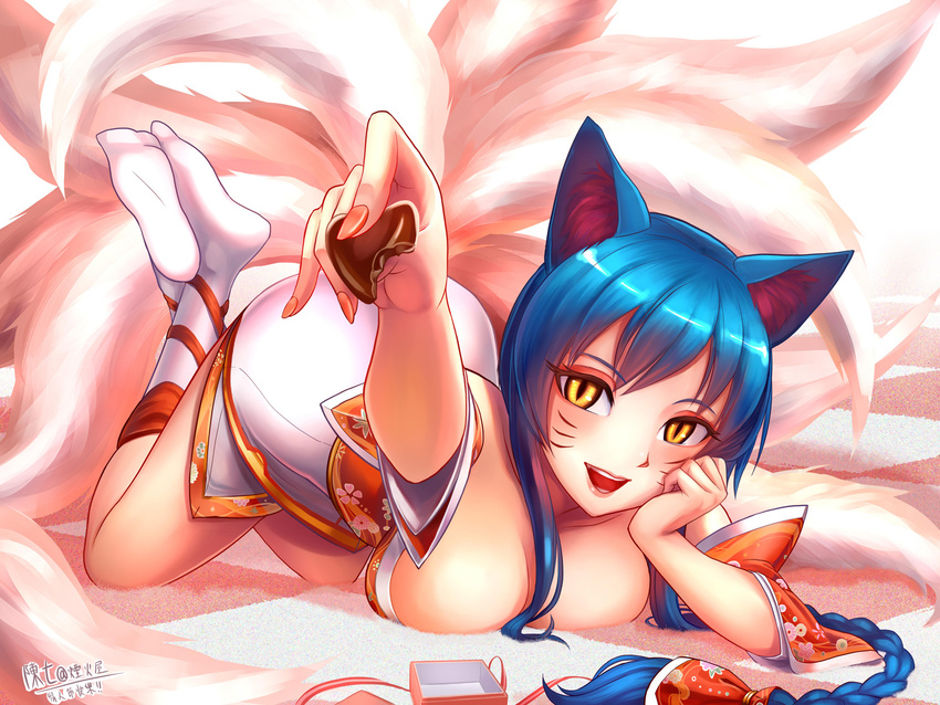 ahri animal_ears arm_support breast_press breasts chan_qi_(fireworkhouse) chocolate facial_mark fox_ears fox_tail korean_clothes large_breasts league_of_legends long_hair looking_at_viewer multiple_tails smile solo tail white_legwear yellow_eyes